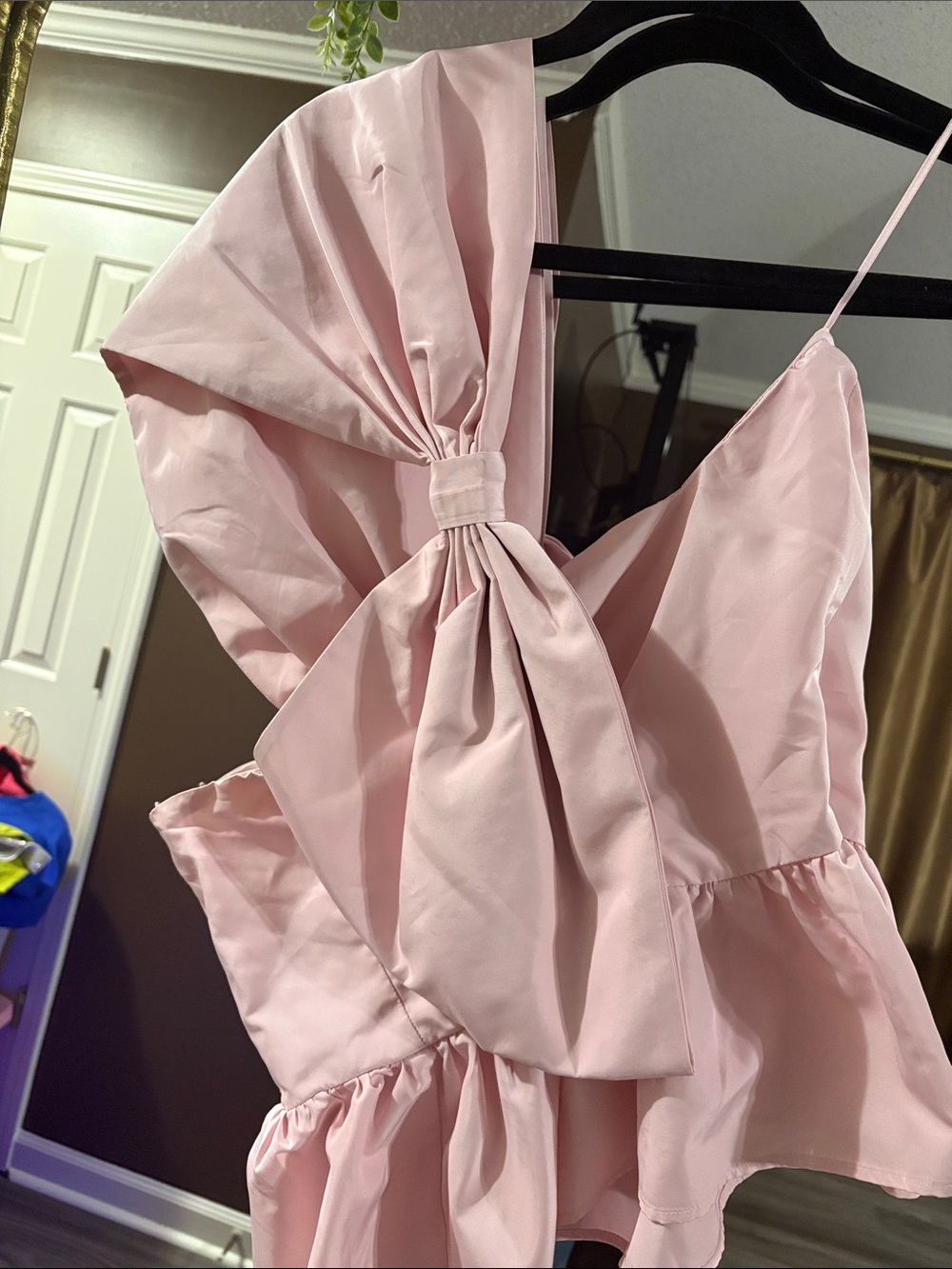 Express Light Pink One-Shoulder Bow Peplum Top